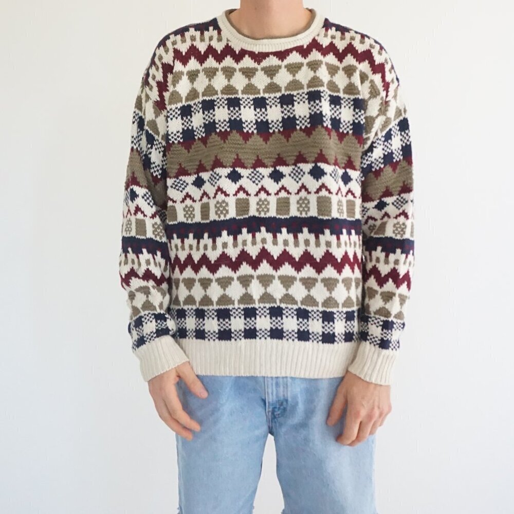 Vintage Adirondack beige navy cotton knit geometric sweater Cabincore Retro M